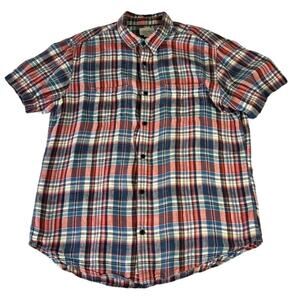 Lucky Brand Shirt Men's Size Large Red Blue Linen Plaid Short Sleeve Button Down